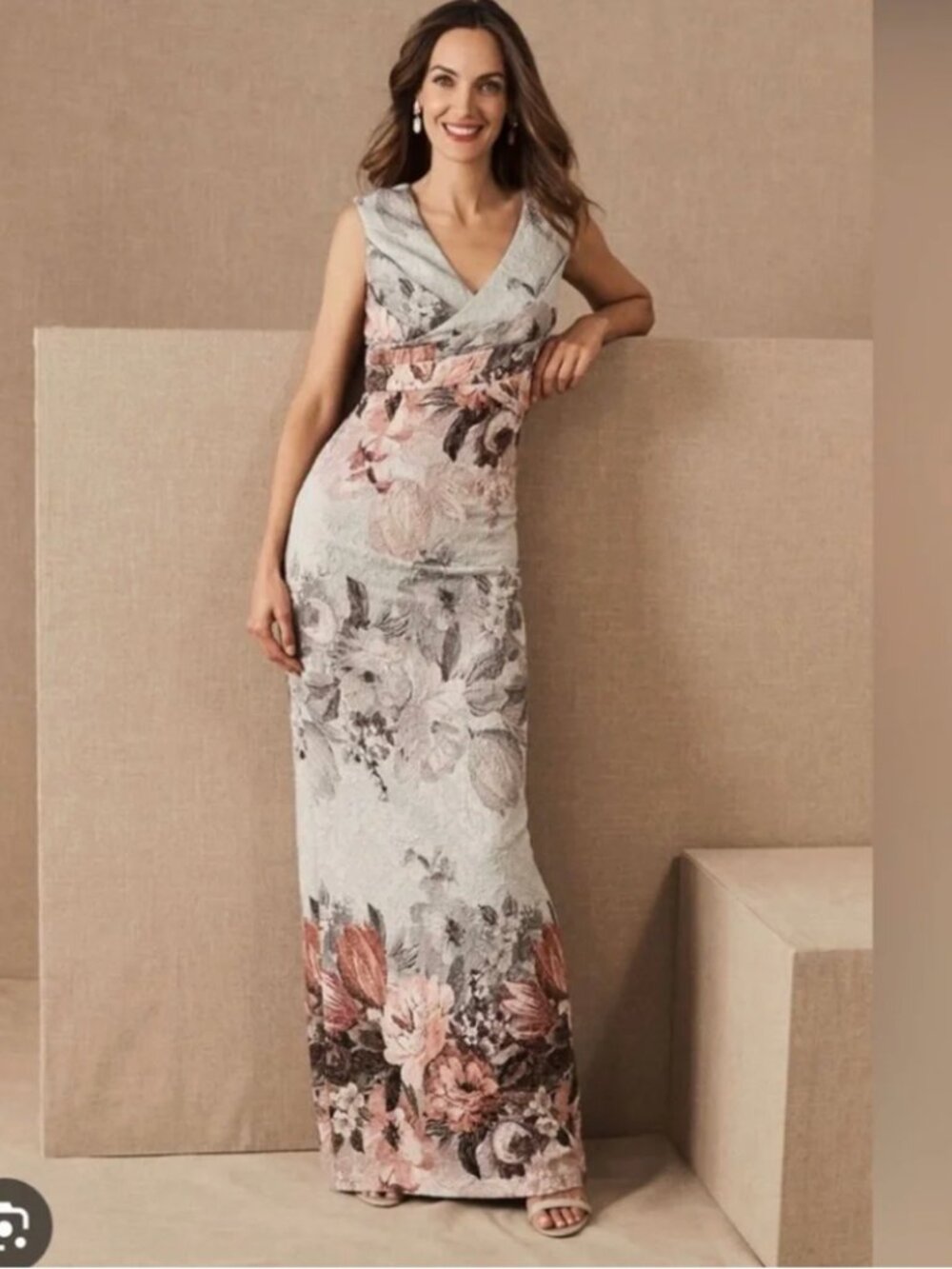 BHLDN Adrianna Papell Lilliana Blue Floral Metallic Jacquard Maxi Gown - Picture 2 of 12